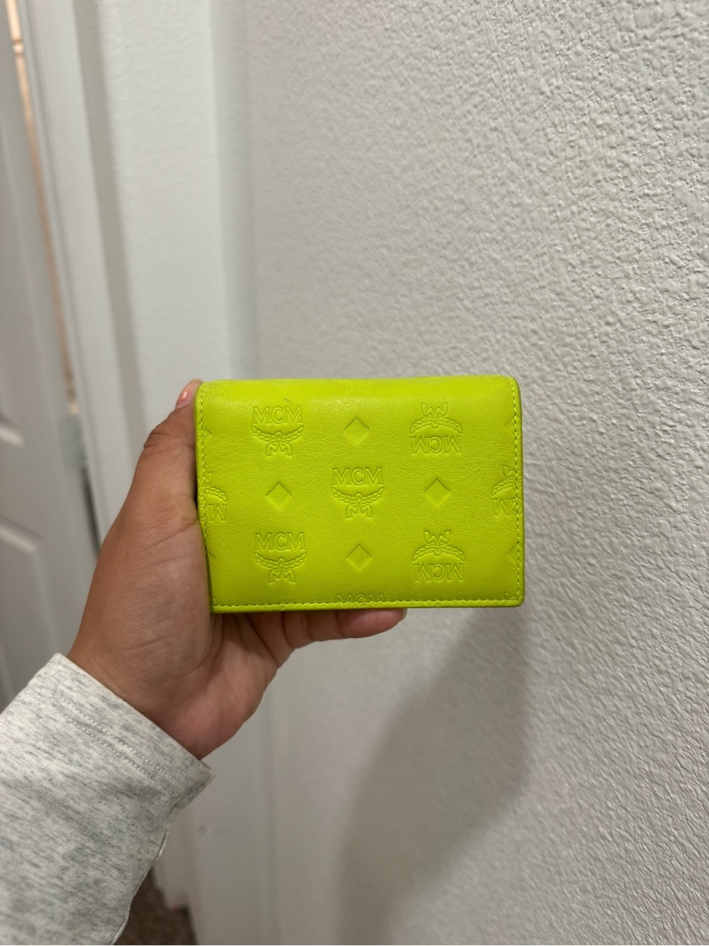 MCM Neon Lime Embossed Leather Card Holder Wallet